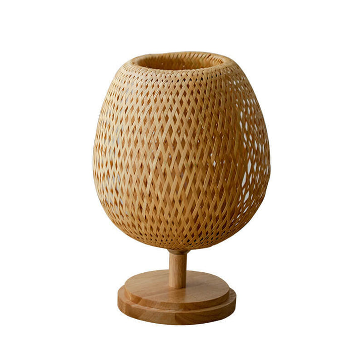Traditional Chinese Moso Bamboo Wood Iron Weaving Oval Round 1-Light Table Lamp For Bedroom