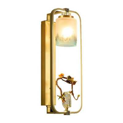 Traditional Chinese Lotus Enamel Copper Rectangular Frame LED Wall Sconce Lamp For Bedroom