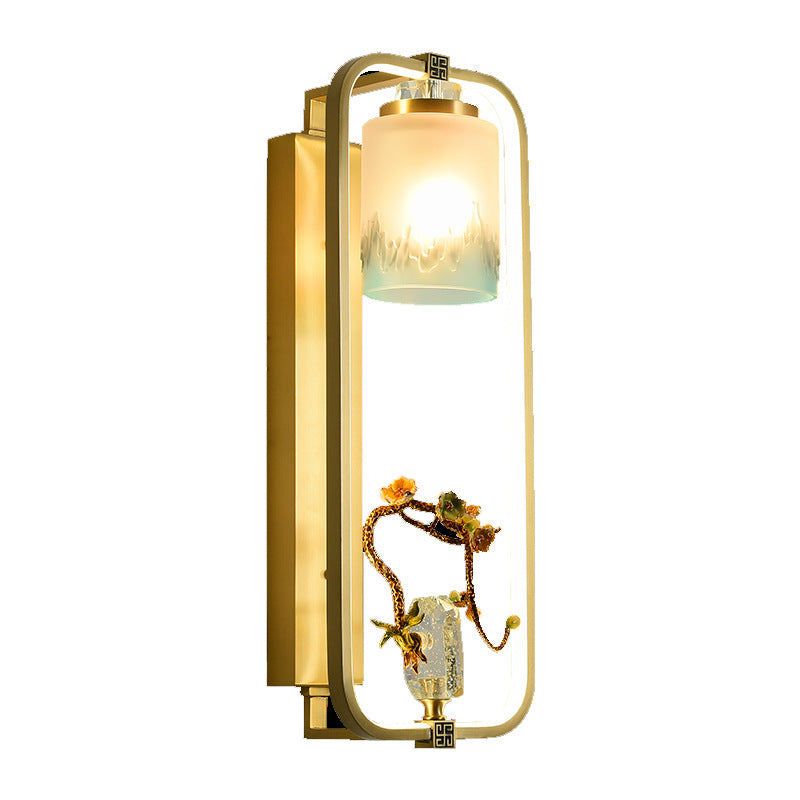 Traditional Chinese Lotus Enamel Copper Rectangular Frame LED Wall Sconce Lamp For Bedroom