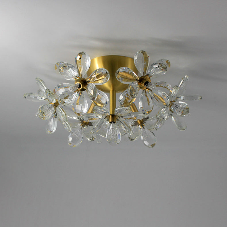 Moderne minimalistische Blume Messing Kristall 3/5/6/7 Licht Unterputz Deckenleuchte für Wohnzimmer 
