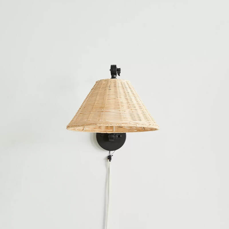 Traditional Rustic Rattan Cone Shade Iron Swing Arm 1-Light Wall Sconce Lamp For Living Room