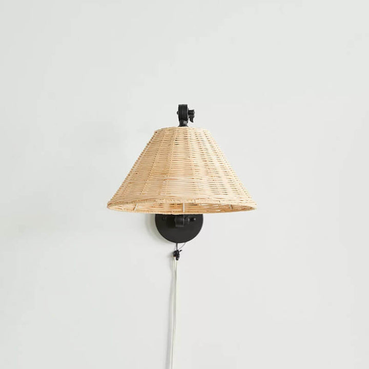 Traditional Rustic Rattan Cone Shade Iron Swing Arm 1-Light Wall Sconce Lamp For Living Room
