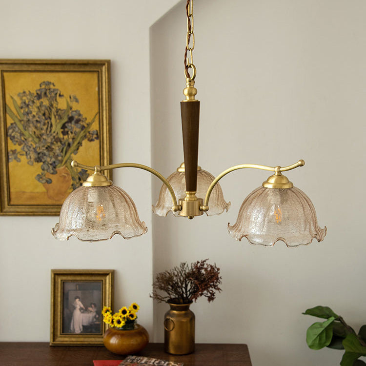 Traditional Vintage Petals All Copper Log Glass 3/5 Light Chandelier For Living Room