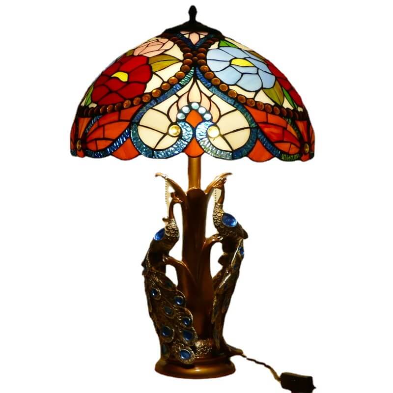 Vintage Tiffany Stained Glass Dome Peacock Base 2-Light Table Lamp