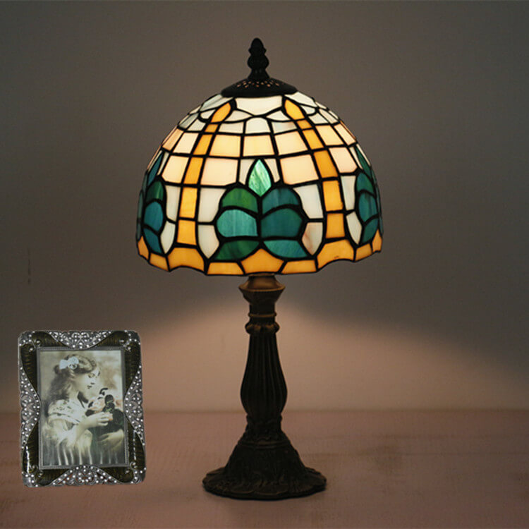 Tiffany Retro Mediterrane Blätter Buntglas 1-Licht Tischlampe 