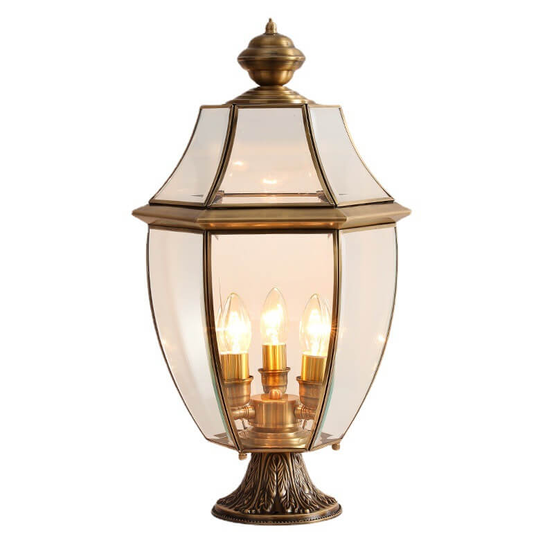 Traditional European All Copper Clear Glass Lantern Post 1/3 Light Waterproof Patio Landscape Light For Outdoor