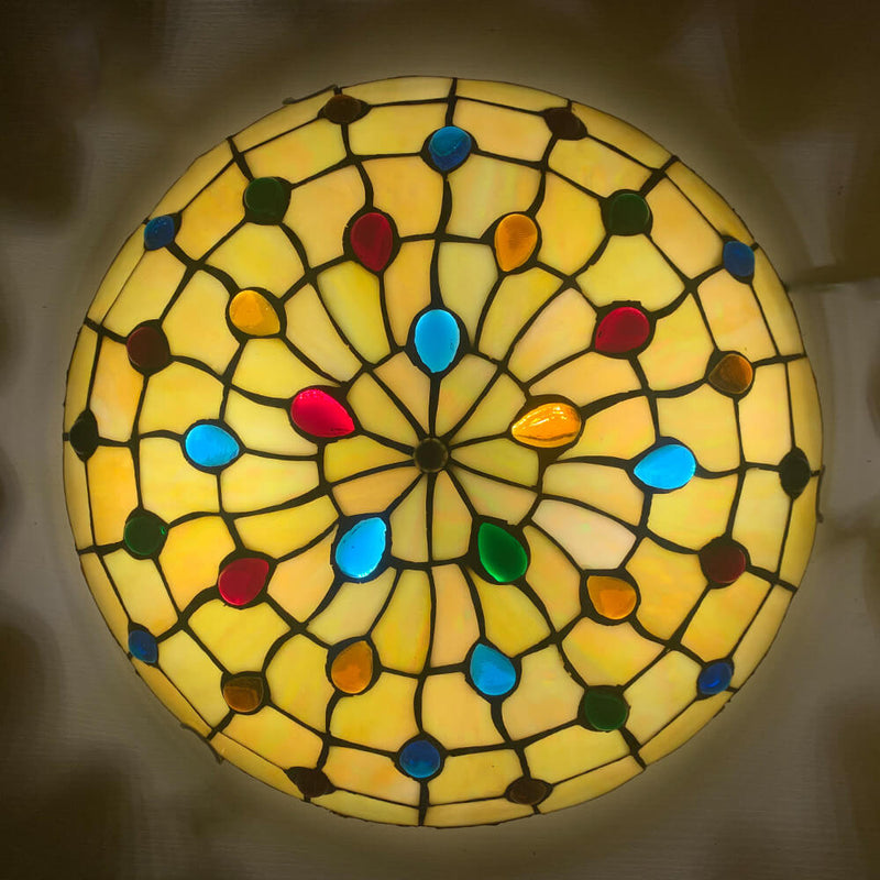 Traditional Tiffany Round Shell Bead Stained Glass 2-Light Flush Mount Ceiling Light For Hallway