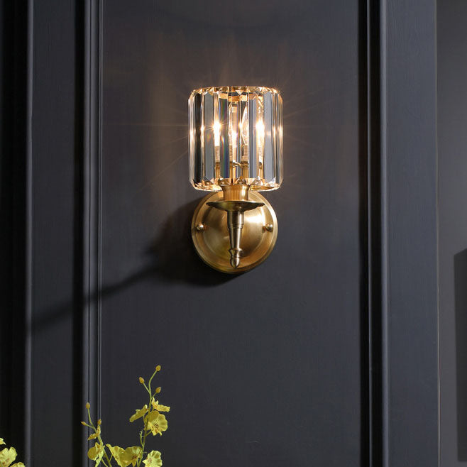 Aplique de Pared de 1 Luz de Cristal de Cobre Cilíndrico de Lujo Ligero Francés 
