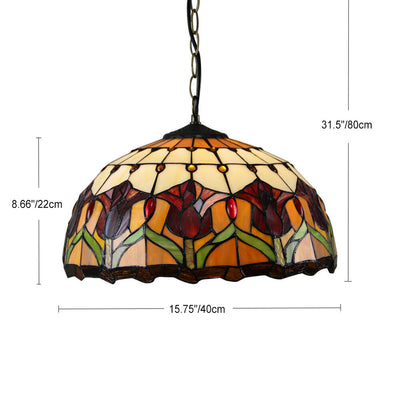 Traditional Tiffany Round Leaf Tulip Hardware Stained Glass 1 Light Chandelier For Living Room