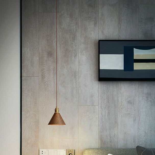 Modern Minimalist Solid Wood Cone Copper 1-Light Pendant Light For Living Room