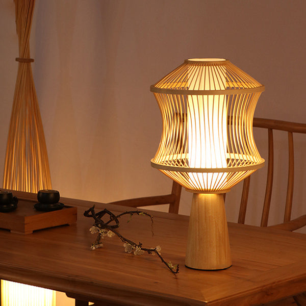 Traditional Japanese Nan Bamboo Solid Wood Geometric Cage Column 1-Light Table Lamp For Living Room &amp; Bedroom