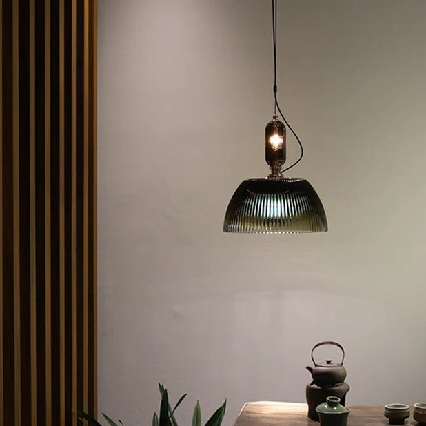 Lámpara colgante contemporánea retro de vidrio con rayas verdes y hierro de 2 luces para dormitorio 