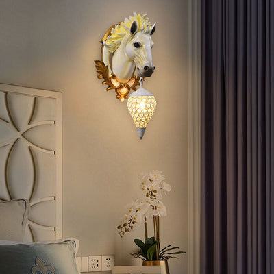 Modern Eclectic Resin Horse Head Decor Crystal Round Shade 1-Light Wall Sconce Lamp For Living Room