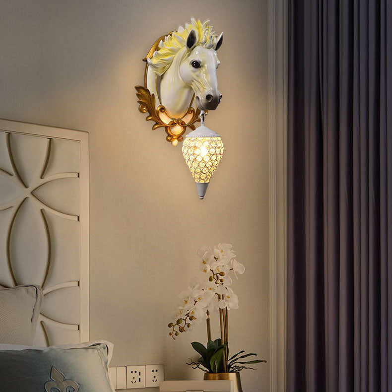 Modern Eclectic Resin Horse Head Decor Crystal Round Shade 1-Light Wall Sconce Lamp For Living Room