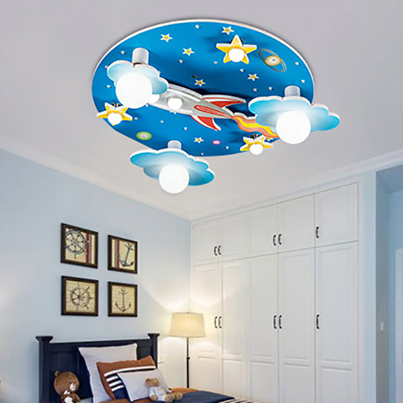 Moderna lámpara de techo LED de estilo Art Deco para niños con cohete redondo de madera y plástico y cielo estrellado para dormitorio 