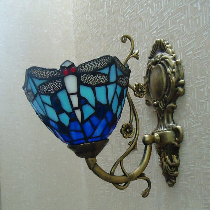 Tiffany Handmade Stained Glass Dragonfly 1-Light Wall Sconce Lamp