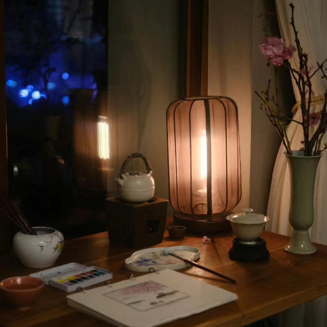 Chinese Zen Transparent Silk Lampshade Solid Wood 1-Light Table Lamp