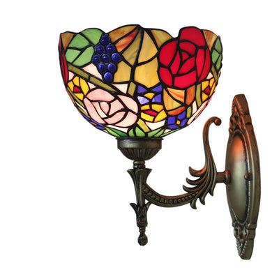 Vintage Tiffany Grape Flower Bowl Stained Glass 1-Light Wall Sconce Lamp