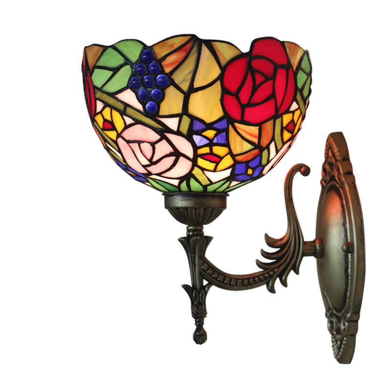 Vintage Tiffany Grape Flower Bowl Stained Glass 1-Light Wall Sconce Lamp