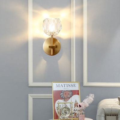 Lámpara de aplique de pared de 1 luz de cristal de hierro con puntal cilíndrico esférico contemporáneo creativo para dormitorio 