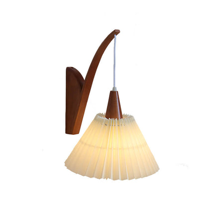 Japanese Minimalist Solid Wood Pleated Fabric Umbrella Shade 1-Light Wall Sconce Lamp