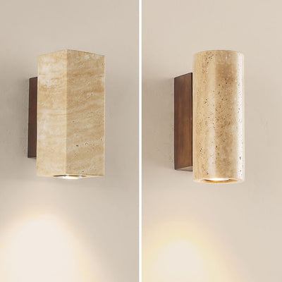 Japanischer Wabi-Sabi Runder Quadrat Gelber Travertin Gummi Holz 1-Licht Spotlight Wandleuchte 