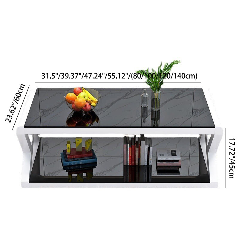 Table basse moderne en verre renforcé rectangulaire en acier à 2 niveaux pour salon 