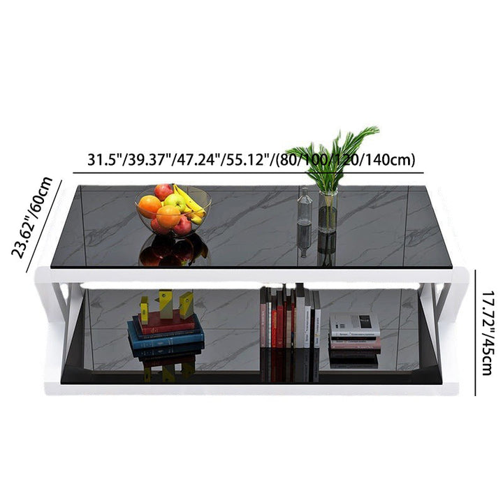 Table basse moderne en verre renforcé rectangulaire en acier à 2 niveaux pour salon 