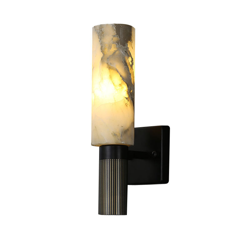 Traditional Chinese Cylinder Marble Copper Iron 1-Light Wall Sconce Lamp For Bedroom