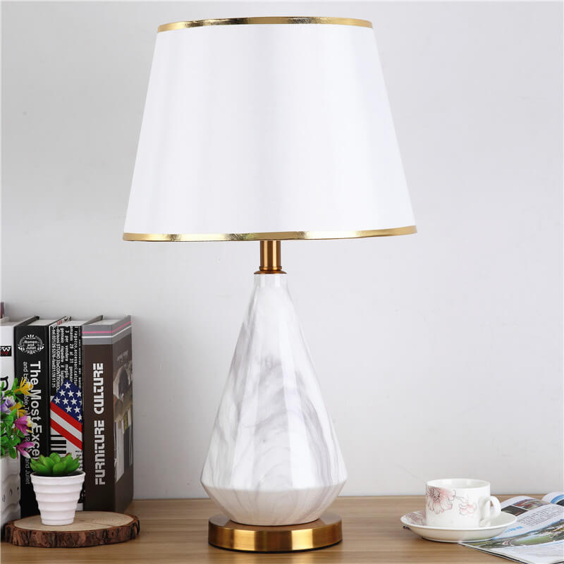 Pantalla de lámpara de tela simple nórdica con patrón de piedra Base de cerámica 1-luz lámpara de mesa 