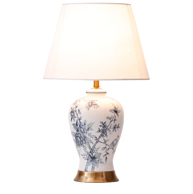 Traditional Chinese Celadon Ceramic Fabric 1-Light Table Lamp For Living Room