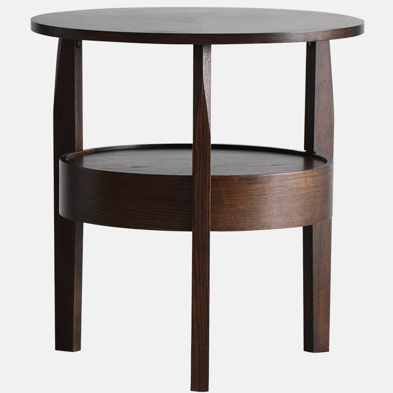 Mesa auxiliar redonda contemporánea, retro y vintage de madera de caucho, madera de pino y contrachapado con cajón de 2 niveles para sala de estar 