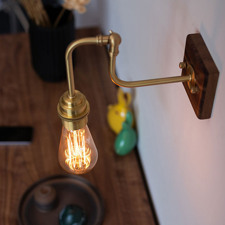 Zeitgenössische Retro Kupfer Massivholz 1-Licht Wandleuchte Lampe für Schlafzimmer 