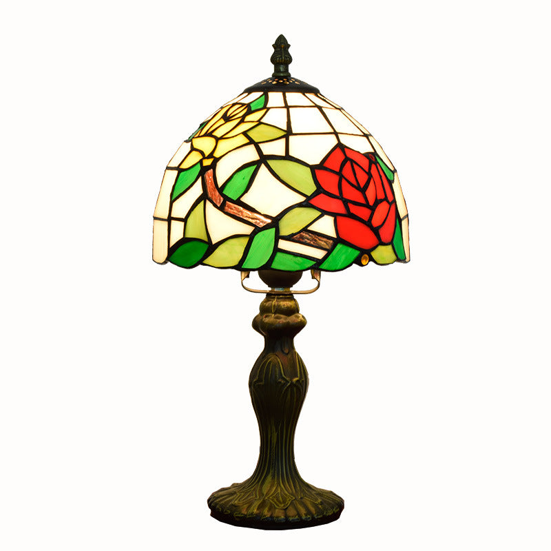Lampe de Table à 1 Lumière avec Dôme en Cône Fleur de Rose en Verre Stainé Traditionnel Tiffany pour Chambre 