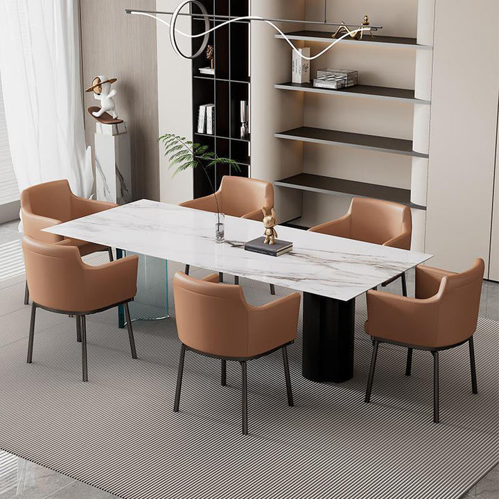 Chaise de salle à manger moderne minimaliste carrée en cuir microfibre rembourré avec dossier et accoudoir en métal 