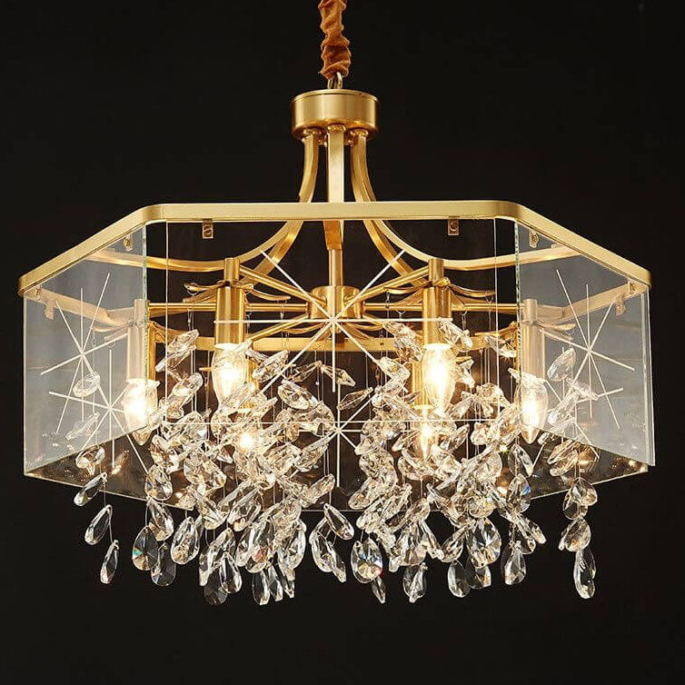Nordic Light Luxury Hexagonal Brass Teardrop Crystal Shade 6-Light Chandelier