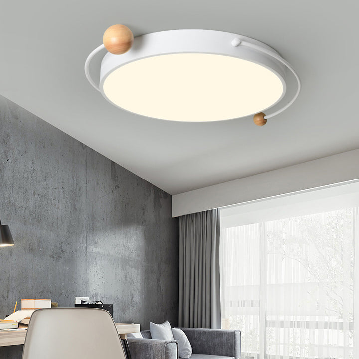 Zeitgenössische skandinavische runde Kugel gebogene Röhre Eisen Acryl Holz LED Unterputz Deckenleuchte für Schlafzimmer 