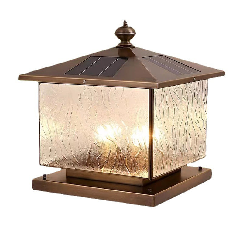 Luz de Poste de Cabeza de Vidrio Texturizado Cuadrado Solar Tradicional Europeo 1/2 para Patio Exterior 
