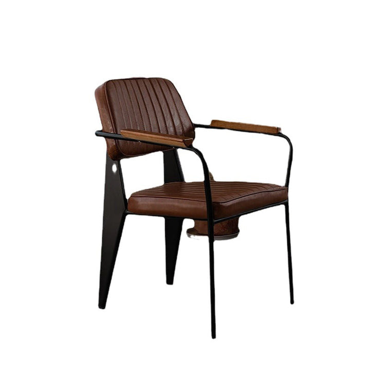 Zeitgenössischer industrieller Ölwachslack Leder Metall Schwamm Holz quadratischer vertikaler Streifen Esszimmerstuhl Rückenlehne Armlehne für Esszimmer 