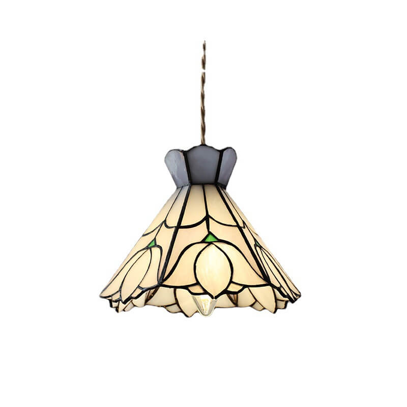 Vintage Tiffany Rose Flower Conical Stained Glass 1-Light Pendant Light