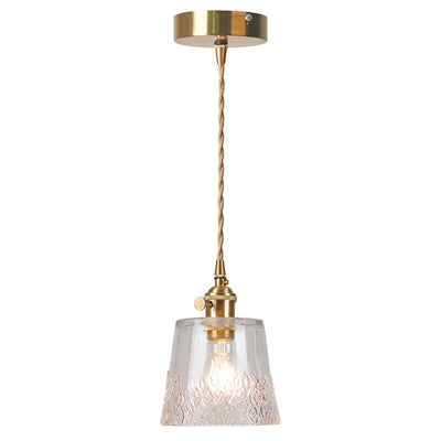 Japanese Vintage Floral Glass Cone Brass 1-Light Pendant Light