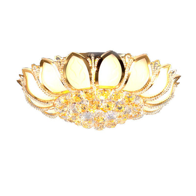 Lustre Moderne de Luxe Doré Glamour avec Base en Verre Dépoli Lotus et Perles de Cristal 4/6 Lumières Plafonnier pour Salon 