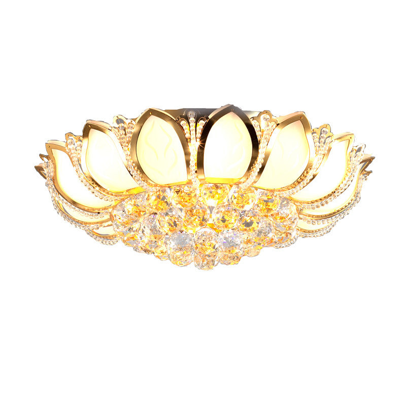 Lustre Moderne de Luxe Doré Glamour avec Base en Verre Dépoli Lotus et Perles de Cristal 4/6 Lumières Plafonnier pour Salon 