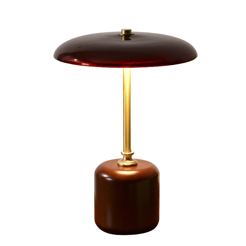 Lámpara de Mesa LED Cilíndrica Redonda de Latón Retro Contemporáneo con Madera y Vidrio para la Mesita de Noche 
