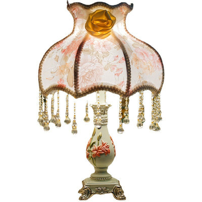 Traditional European Flower Pleated Fabric Resin Base 1-Light Table Lamp For Living Room