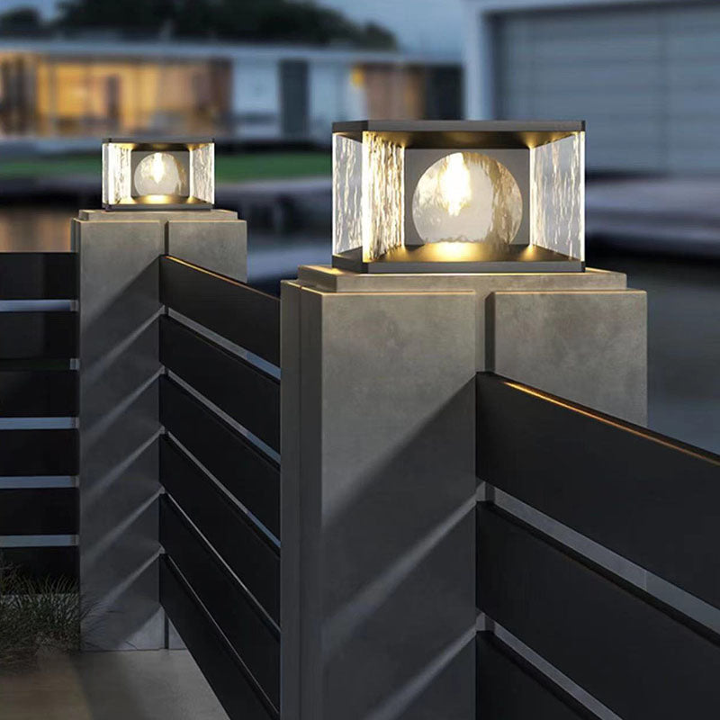 Moderno Minimalista Solar Impermeable Rectángulo Acero Inoxidable Vidrio LED Poste Luz de Cabeza Para Patio Exterior 