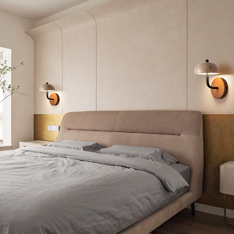 Traditionelle japanische halbrunde beige Travertin Holz LED Wandleuchte Lampe für Schlafzimmer 