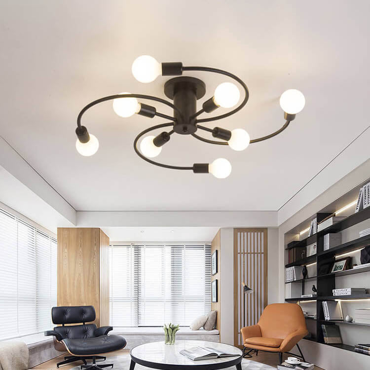 Modern Mid-Century Round Iron 6/8 Light Semi-Flush Mount Ceiling Light For Living Room