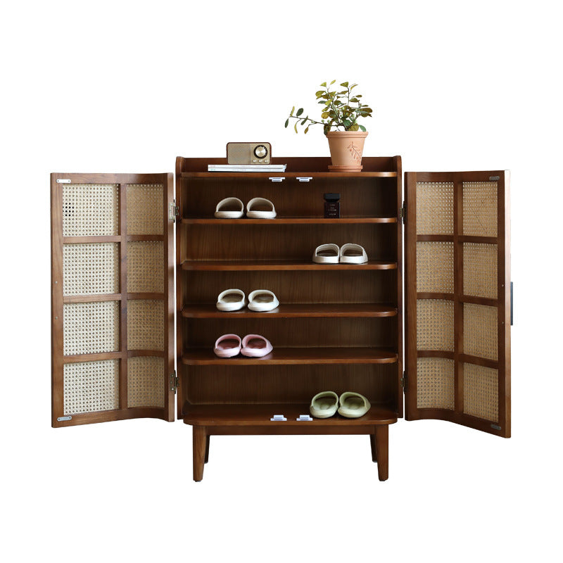 Traditional Vintage Rectangular Ash Wood Indonesian Rattan Shoe Storage 5-Tier For Entryways