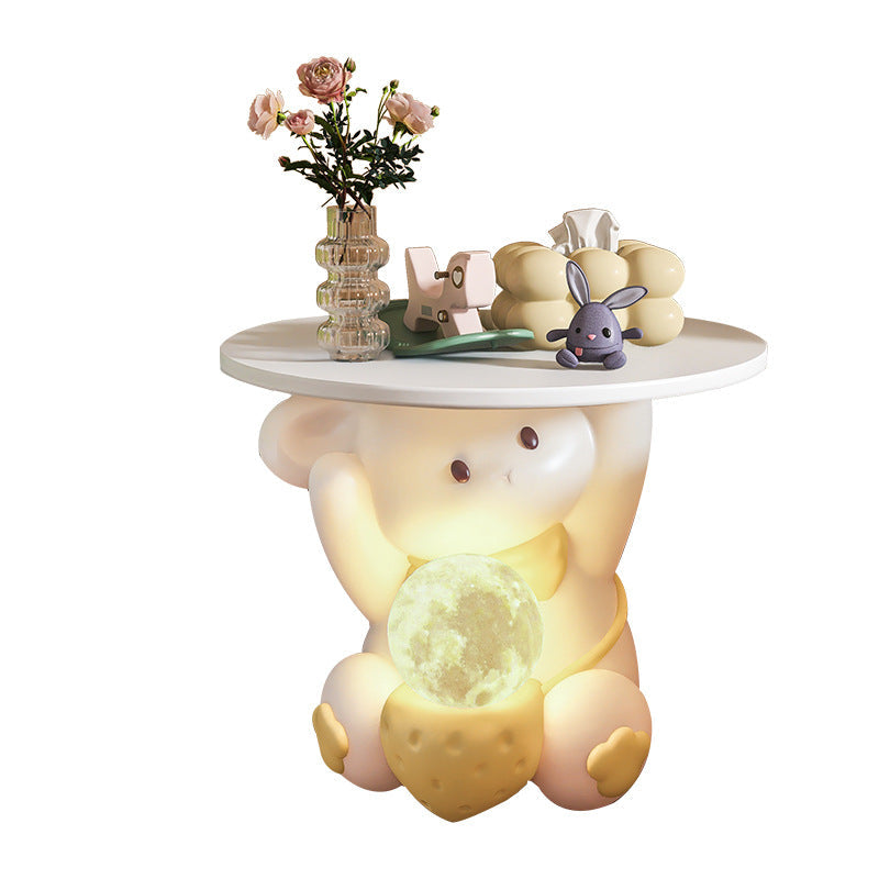 Moderner Art Deco Kinderhasen-Rundteller Rechteckige Schublade Harz Holz Emaille Nachttisch mit 1 Schublade und LED-Licht für das Schlafzimmer 